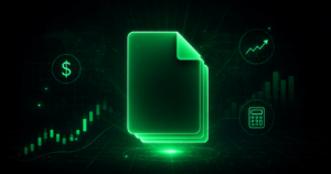 Free forex trading PDF guide with glowing PDF icon, calculator, and trading chart on a dark fintech background.