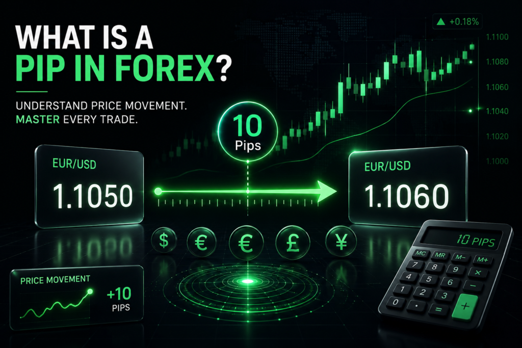 What is a pip in forex explained with a forex price chart showing a 10 pip movement between EUR/USD prices.
