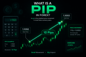 What is a pip in forex explained with a forex price chart showing a 10 pip movement between EUR/USD prices.